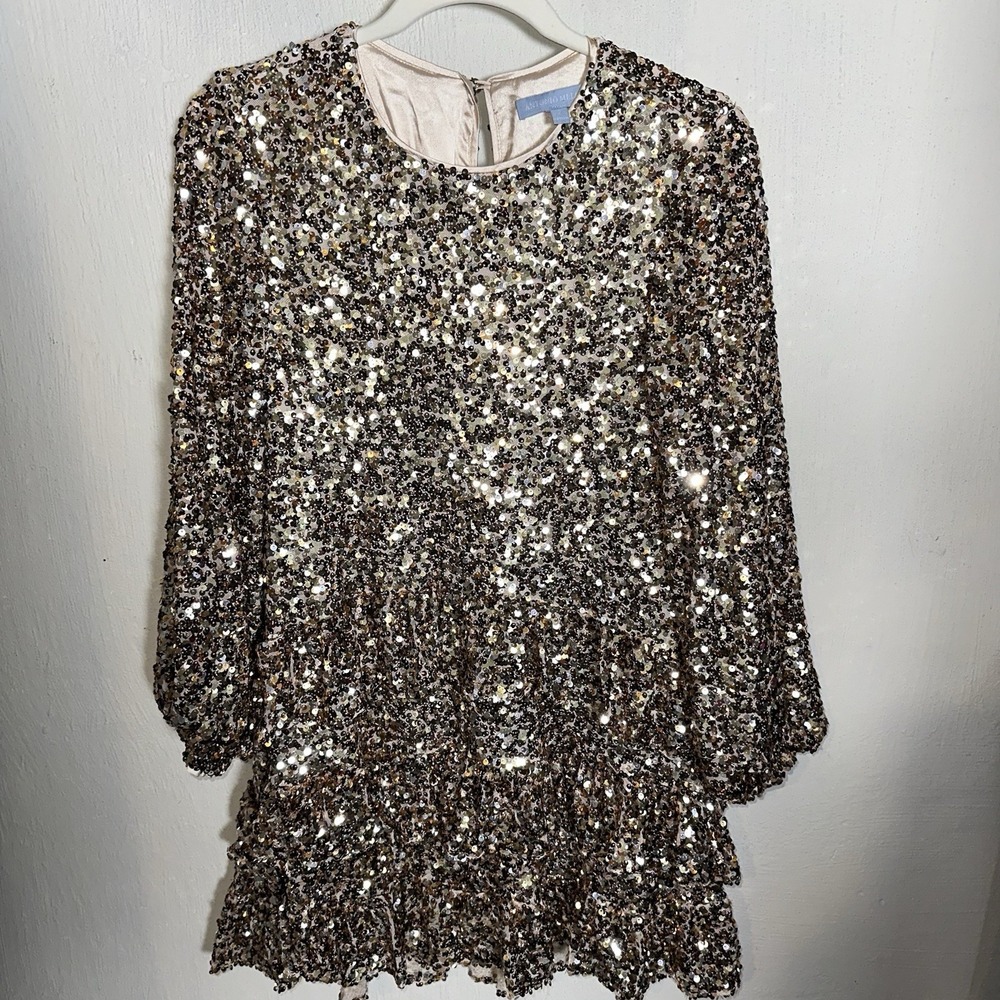 Antonio Melani Sz 2 Gold Sequin Mesh Drop Waist Dress Ruffle Tiers Party Sparkle